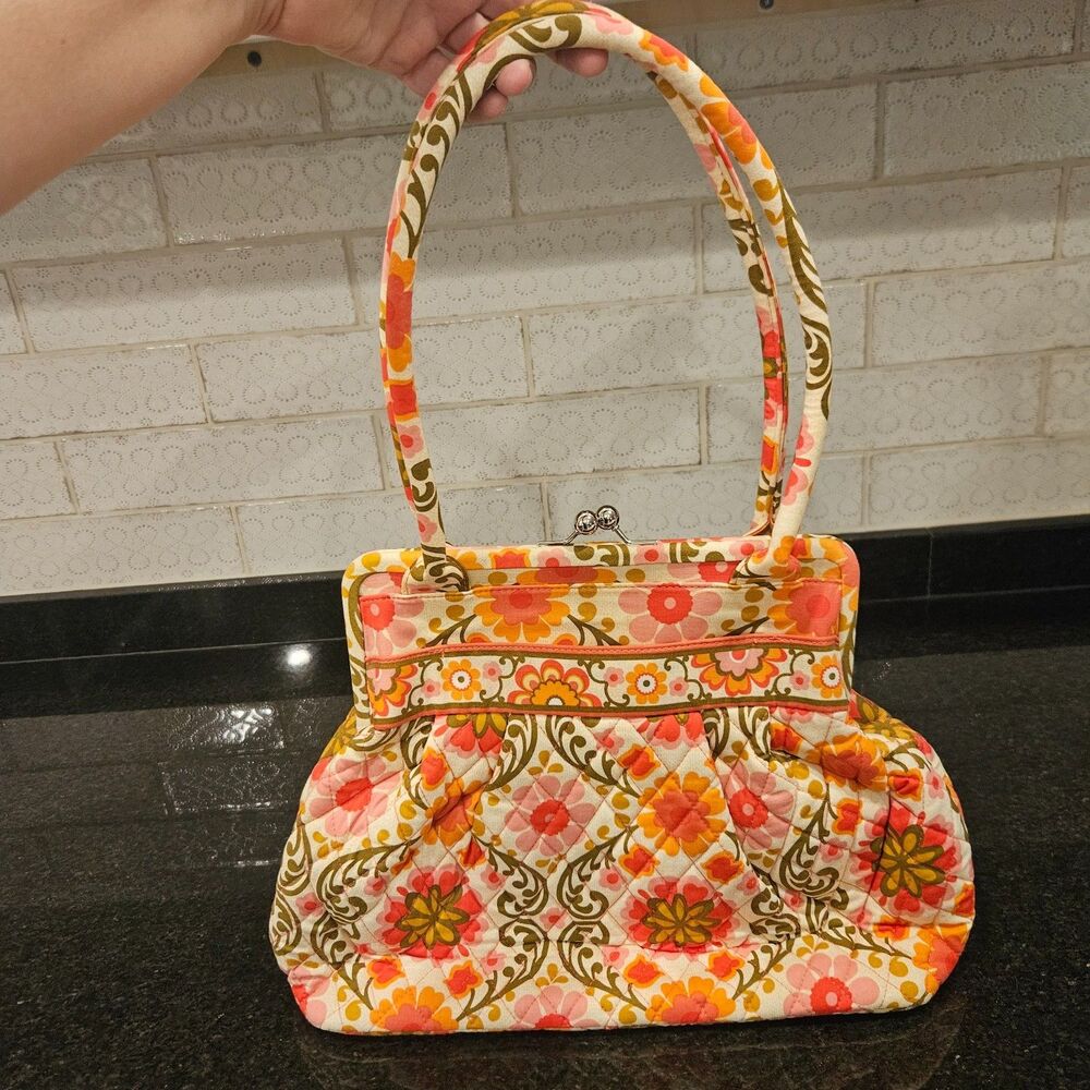 Vera Bradley Retired Folkloric Alice Bag Floral Pink Green Excellent Condition
